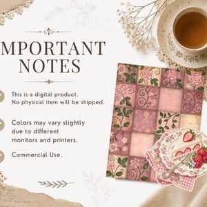 May include: A digital graphic featuring the text IMPORTANT NOTES followed by three bullet points. Beside the text is a rectangular patch pattern of pink roses and vines, a small plate with a slice of strawberry cake, and a fork.