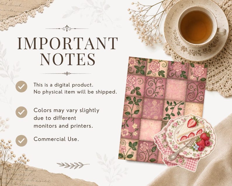 May include: A digital graphic featuring the text IMPORTANT NOTES followed by three bullet points. Beside the text is a rectangular patch pattern of pink roses and vines, a small plate with a slice of strawberry cake, and a fork.