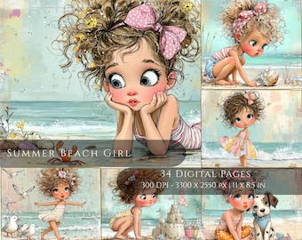 May include: A digital art print titled "Summer Beach Girl" featuring several illustrations of a young girl at the beach. The images include a girl with a pink bow, a crab, seagulls, and a dog. The print is 11 x 8.5 inches.