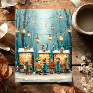 May include: A rectangular print featuring a snowy winter scene with three illuminated market stalls and figures in colorful winter clothing. Strings of glowing lanterns hang above the stalls in a forest setting. The text PIXELPETITESHOP is visible.