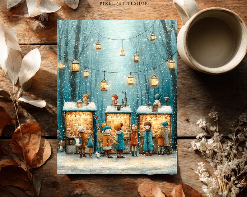 May include: A rectangular print featuring a snowy winter scene with three illuminated market stalls and figures in colorful winter clothing. Strings of glowing lanterns hang above the stalls in a forest setting. The text PIXELPETITESHOP is visible.