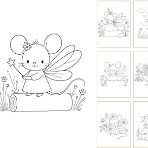 May include: A collection of black and white line art illustrations featuring a mouse character with fairy wings. The mouse is depicted in various scenes, including sitting on a log, holding a star wand, resting among flowers, and standing on a mushroom.
