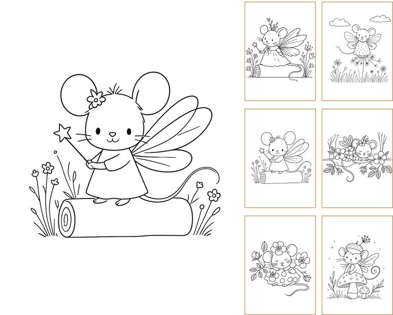 May include: A collection of black and white line art illustrations featuring a mouse character with fairy wings. The mouse is depicted in various scenes, including sitting on a log, holding a star wand, resting among flowers, and standing on a mushroom.