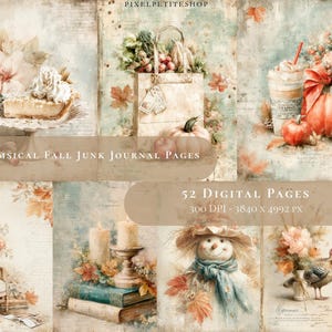 May include: A collage of digital art pages with a vintage aesthetic. The images feature fall themes like pumpkins, flowers, and a scarecrow. Text on the image reads "Whimsical Fall Junk Journal Pages" and "52 Digital Pages".