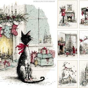 Op de afbeelding: Een verzameling kerstillustraties. E&eacute;n toont een zwart-witte kat met een rode strik, kijkend naar een besneeuwd raam. Andere afbeeldingen tonen feestelijke sc&egrave;nes met kousen, cadeaus, een open haard en een kerstboom.
