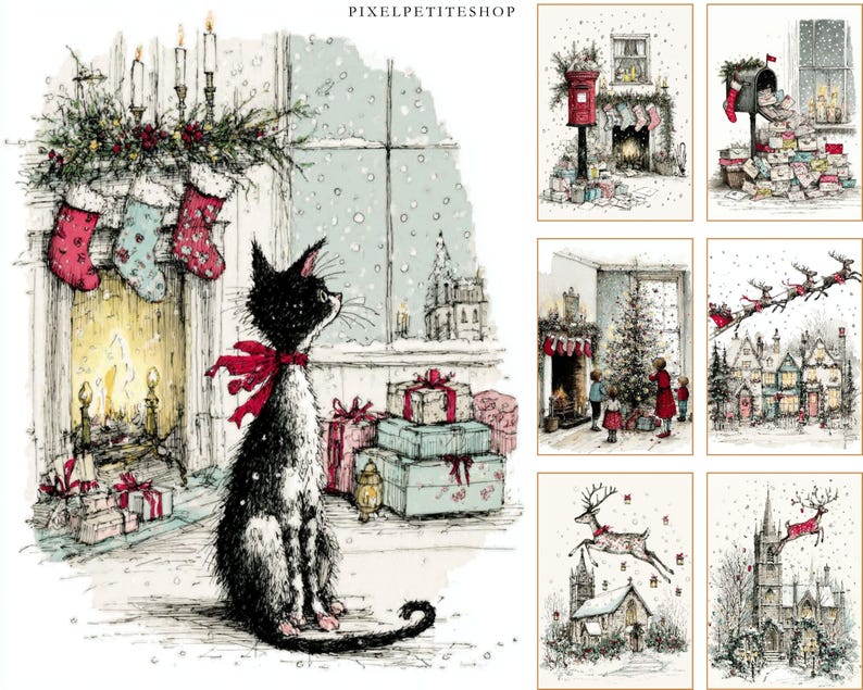 Op de afbeelding: Een verzameling kerstillustraties. E&eacute;n toont een zwart-witte kat met een rode strik, kijkend naar een besneeuwd raam. Andere afbeeldingen tonen feestelijke sc&egrave;nes met kousen, cadeaus, een open haard en een kerstboom.