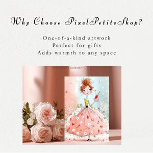 May include: A rectangular print featuring a whimsical illustration of a person with a high bun hairstyle, wearing a yellow top and a voluminous pink skirt decorated with small flowers and strawberries, holding a small cupcake with a strawberry on top.