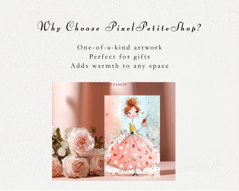 May include: A rectangular print featuring a whimsical illustration of a person with a high bun hairstyle, wearing a yellow top and a voluminous pink skirt decorated with small flowers and strawberries, holding a small cupcake with a strawberry on top.
