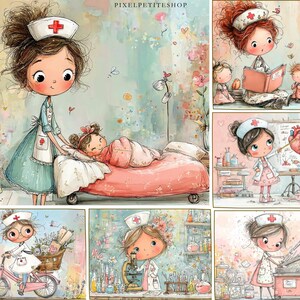 May include: Watercolor illustrations of a nurse in various settings. One image shows a nurse attending to a patient in bed. Other images depict the nurse reading to children, studying a heart diagram, riding a bicycle, and working in a lab.