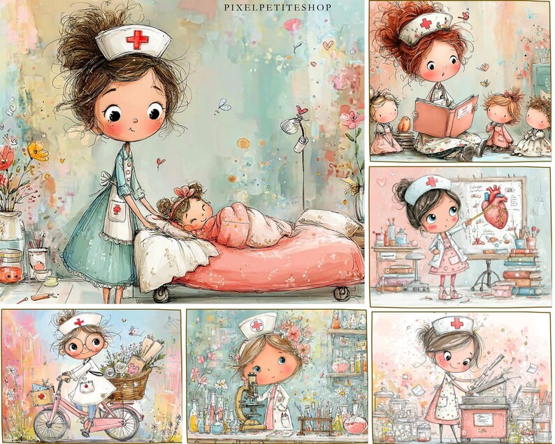May include: Watercolor illustrations of a nurse in various settings. One image shows a nurse attending to a patient in bed. Other images depict the nurse reading to children, studying a heart diagram, riding a bicycle, and working in a lab.