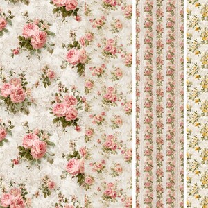 May include: Floral fabric with a cream background and pink roses. The fabric has a vintage aesthetic, with a lace-like texture. The roses are clustered and scattered across the fabric. The image also shows a striped floral pattern and a yellow floral pattern.