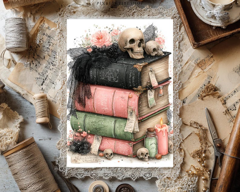May include: A stack of four vintage-style books in black, pink, and green, topped with a human skull and black lace. The arrangement includes a pink candle, a small glass bottle, additional miniature skulls, and floral accents on a white background.