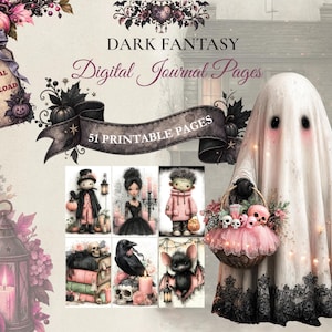 May include: A collection of 51 printable digital journal pages titled Dark Fantasy. The imagery features a ghost holding a basket of skulls, a lantern, pumpkins, and six smaller illustrations of characters including a bat, raven, and figures.
