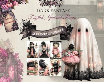 May include: A collection of 51 printable digital journal pages titled Dark Fantasy. The imagery features a ghost holding a basket of skulls, a lantern, pumpkins, and six smaller illustrations of characters including a bat, raven, and figures.