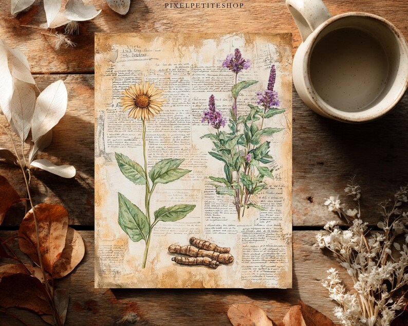 May include: Botanical illustration print featuring a yellow daisy-like flower, purple flowering plant, and several brown root-like objects. The artwork is set against a backdrop of aged paper with handwritten text. A mug of coffee sits nearby.
