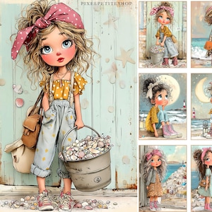 May include: Illustration of a girl with curly blonde hair wearing a pink polka dot headband, yellow top, and blue overalls, holding a bucket of seashells. A brown satchel hangs over her shoulder. The image includes several smaller illustrations of girls.