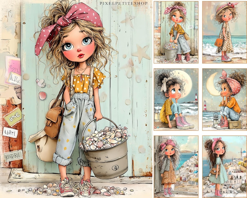 May include: Illustration of a girl with curly blonde hair wearing a pink polka dot headband, yellow top, and blue overalls, holding a bucket of seashells. A brown satchel hangs over her shoulder. The image includes several smaller illustrations of girls.