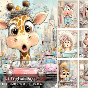 Digitala sidor med roliga tecknade djur | Utskrivbara skräpjournaler och scrapbooking (digital nedladdning)