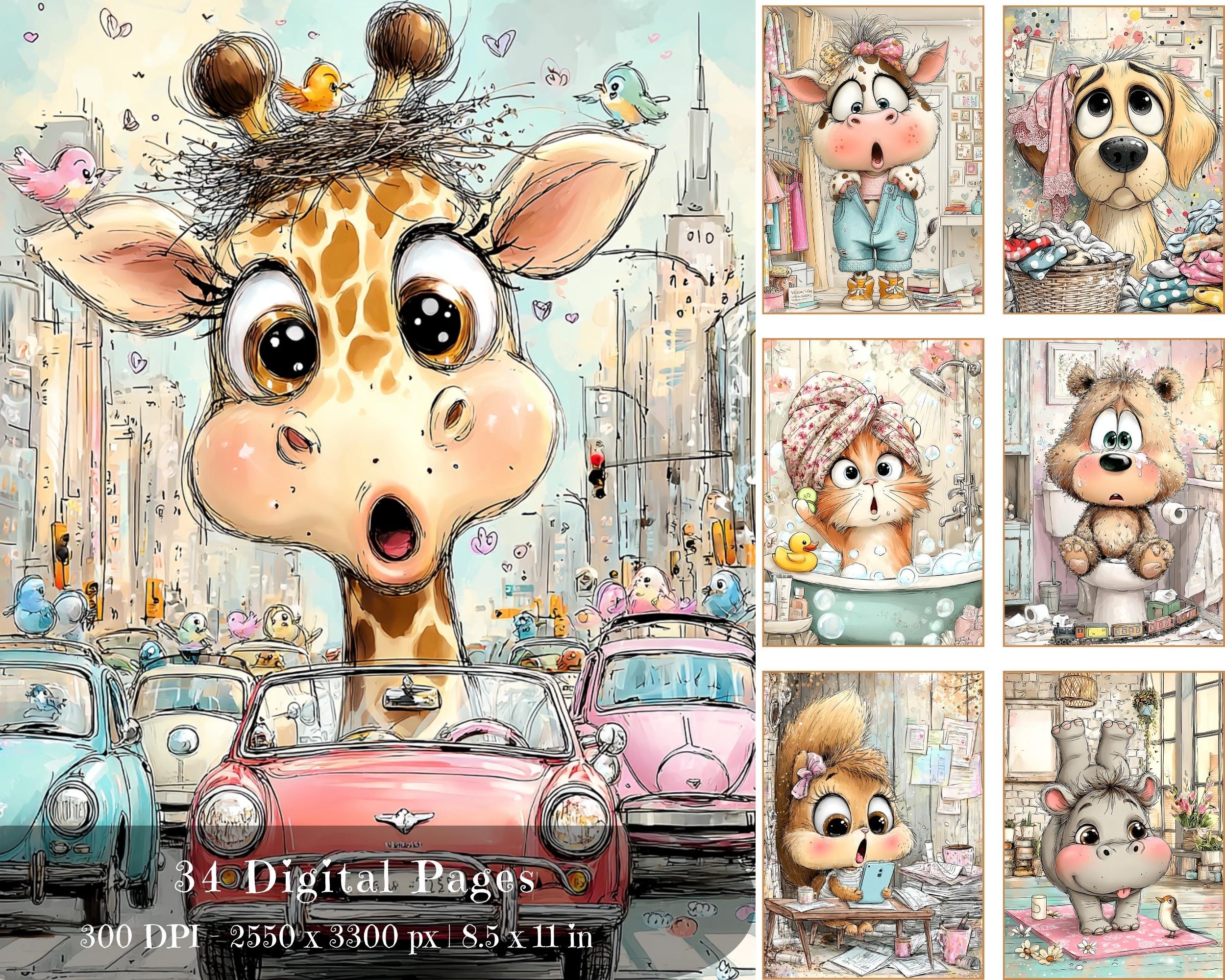 Preview of Funny Cartoon Animal Papers — 34 Printable Journal Designs