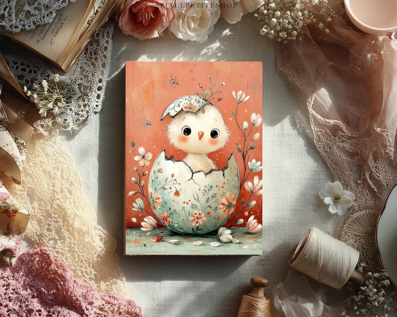 May include: An illustrated print featuring a baby chick hatching from an egg. The egg is decorated with floral patterns in shades of pink, blue, and green. The background is a soft coral color, and the overall style is whimsical and charming.