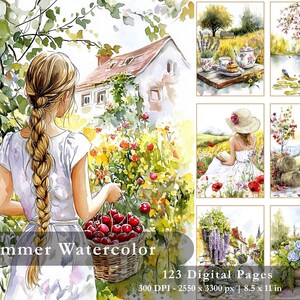 May include: Watercolor art print set titled "Summer Watercolor." The main image shows a woman with a long braid holding a basket of cherries in a garden. Additional images depict idyllic summer scenes. The set includes 123 digital pages, 8.5 x 11 inches.