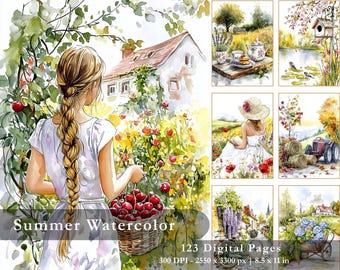 Puede incluir: Juego de impresiones artísticas en acuarela titulado "Summer Watercolor". La imagen principal muestra a una mujer con una larga trenza sosteniendo una cesta de cerezas en un jardín. Imágenes adicionales representan escenas veraniegas idílicas. El juego incluye 123 páginas digitales, 21,6 x 27,9 cm.
