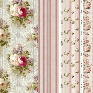 May include: A collection of floral patterned fabrics. The designs include roses, stripes, and floral arrangements in shades of pink, white, and green on a light blue and cream background. The fabrics are suitable for various craft projects.