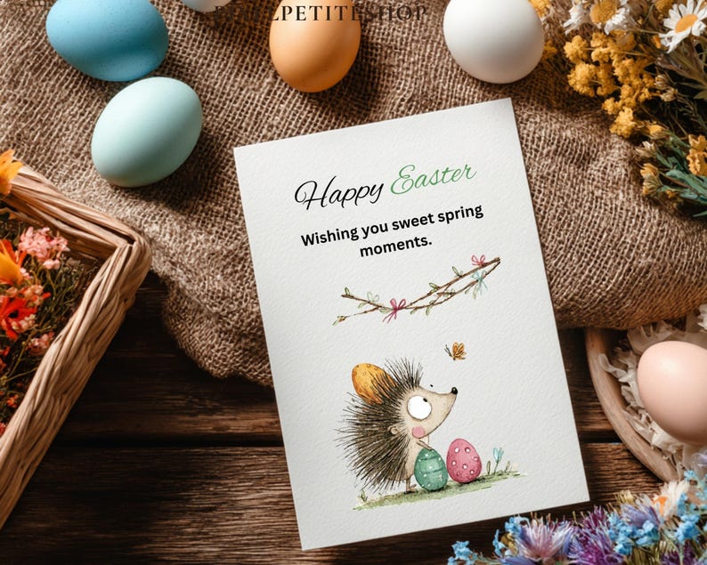 Pode incluir: Um cart&atilde;o de P&aacute;scoa com uma ilustra&ccedil;&atilde;o de ouri&ccedil;o, ovos coloridos e o texto "Happy Easter". O cart&atilde;o &eacute; rodeado por ovos decorativos e flores numa superf&iacute;cie de madeira.