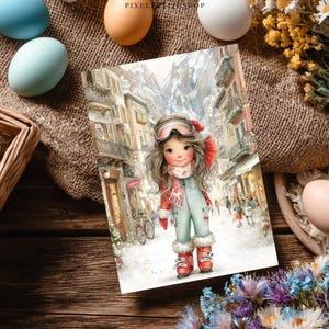 May include: A watercolor illustration of a young girl in a winter ski outfit, standing in a snowy European village. The girl wears a red hat, scarf, and boots, with ski goggles. The background shows buildings and people.