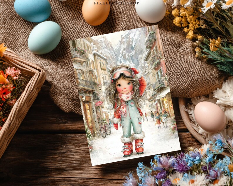 May include: A watercolor illustration of a young girl in a winter ski outfit, standing in a snowy European village. The girl wears a red hat, scarf, and boots, with ski goggles. The background shows buildings and people.