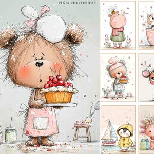 Peut inclure: Illustrations &agrave; l'aquarelle de personnages animaux adorables. Un ours portant un chapeau de chef et un tablier tient une tarte aux cerises. D'autres images incluent un hippopotame, un chat dans une tasse, un ours avec un g&acirc;teau, un cerf, un pingouin et un axolotl. Le style est fantaisiste et charmant.