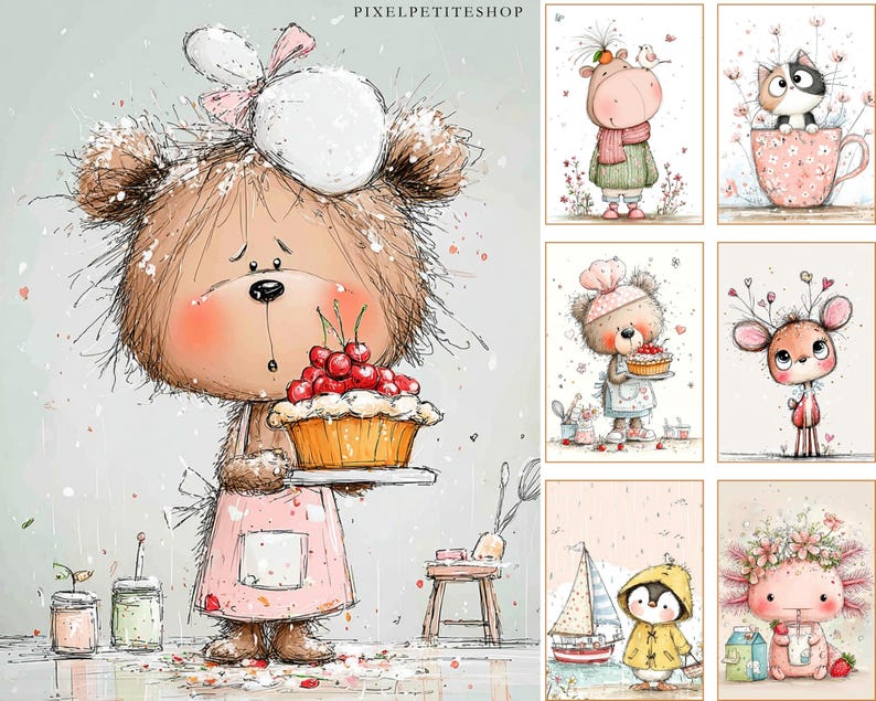 Peut inclure: Illustrations &agrave; l'aquarelle de personnages animaux adorables. Un ours portant un chapeau de chef et un tablier tient une tarte aux cerises. D'autres images incluent un hippopotame, un chat dans une tasse, un ours avec un g&acirc;teau, un cerf, un pingouin et un axolotl. Le style est fantaisiste et charmant.