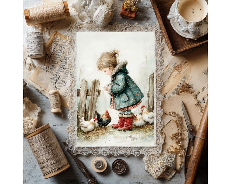 Op de afbeelding: Waterverfschilderij van een kind in een teal jas die kippen voert bij een houten hek. Het kunstwerk is omgeven door vintage naaibenodigdheden, kant en bladmuziek, wat een rustieke, artistieke esthetiek cre&euml;ert.