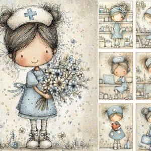 Puede incluir: Ilustraci&oacute;n en acuarela de una enfermera de dibujos animados sosteniendo un ramo de flores azules y blancas. Lleva un vestido azul, un gorro de enfermera blanco con una cruz y zapatillas blancas. La imagen tiene una est&eacute;tica suave y vintage.