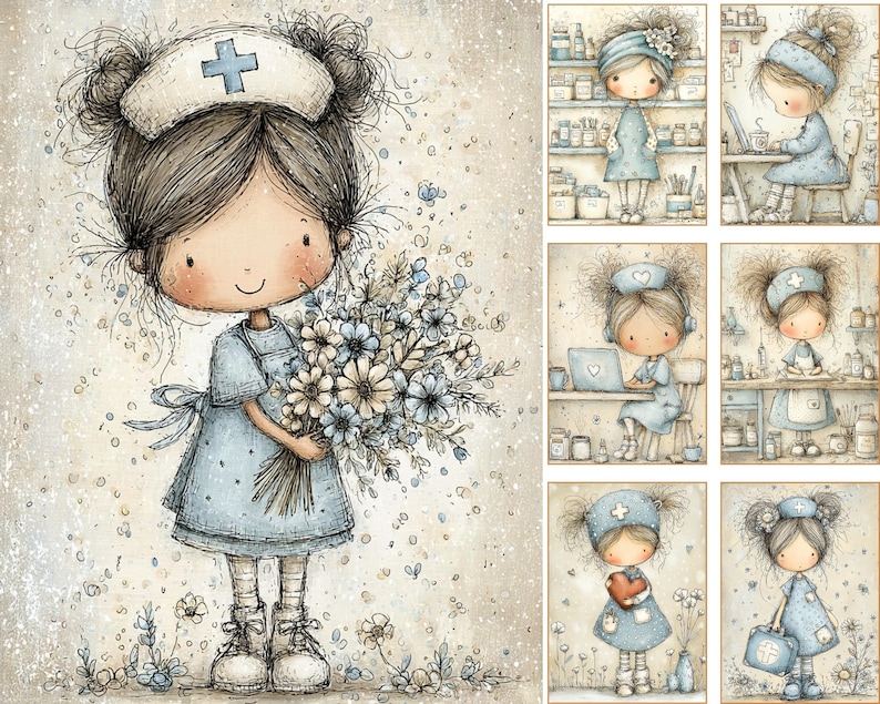 Puede incluir: Ilustraci&oacute;n en acuarela de una enfermera de dibujos animados sosteniendo un ramo de flores azules y blancas. Lleva un vestido azul, un gorro de enfermera blanco con una cruz y zapatillas blancas. La imagen tiene una est&eacute;tica suave y vintage.