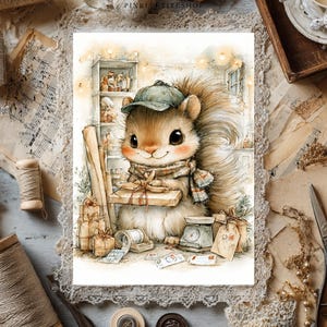 May include: A watercolor illustration of a fluffy squirrel wearing a green cap and a plaid scarf, holding a wrapped gift. The scene includes a small scale, stacked presents, and mail items, set against a background of shelves with soft lighting.