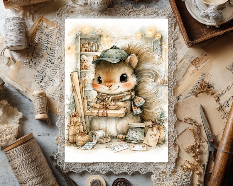 May include: A watercolor illustration of a fluffy squirrel wearing a green cap and a plaid scarf, holding a wrapped gift. The scene includes a small scale, stacked presents, and mail items, set against a background of shelves with soft lighting.