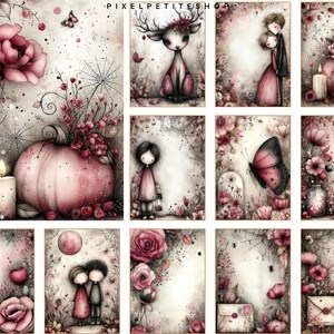 Pu&ograve; includere: Una collezione di stampe artistiche ad acquerello con illustrazioni stravaganti. Le stampe presentano una morbida tavolozza di rosa, rossi e grigi. I soggetti includono un cervo, una coppia, una zucca e fiori. Il testo "PIXELPETITESHOP" &egrave; in alto.