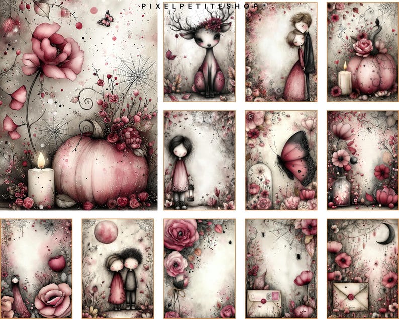 Pu&ograve; includere: Una collezione di stampe artistiche ad acquerello con illustrazioni stravaganti. Le stampe presentano una morbida tavolozza di rosa, rossi e grigi. I soggetti includono un cervo, una coppia, una zucca e fiori. Il testo "PIXELPETITESHOP" &egrave; in alto.