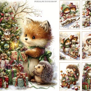 May include: Watercolor illustration featuring a fox, hedgehog, and Christmas tree surrounded by wrapped gifts. The image has a winter theme with snow and festive decorations. Additional smaller illustrations show mice, a rabbit, and an owl in winter scenes.