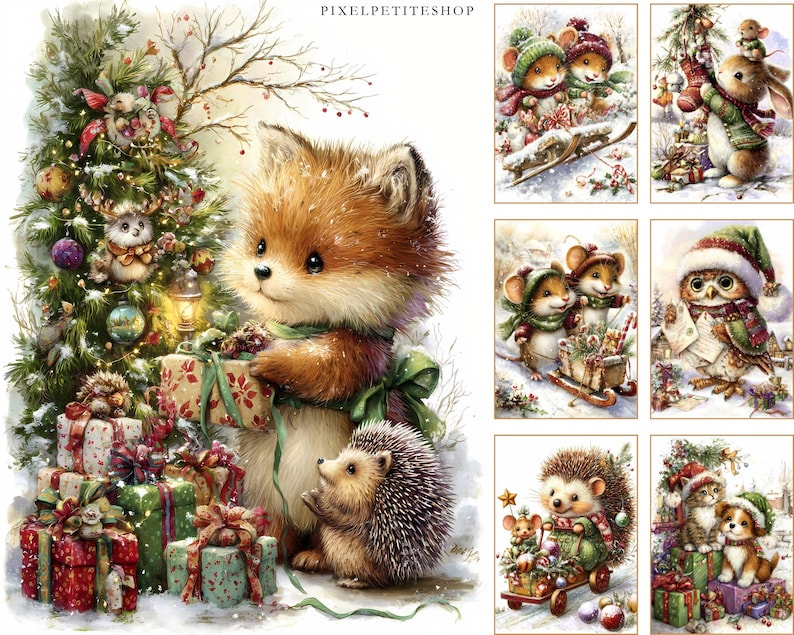 May include: Watercolor illustration featuring a fox, hedgehog, and Christmas tree surrounded by wrapped gifts. The image has a winter theme with snow and festive decorations. Additional smaller illustrations show mice, a rabbit, and an owl in winter scenes.