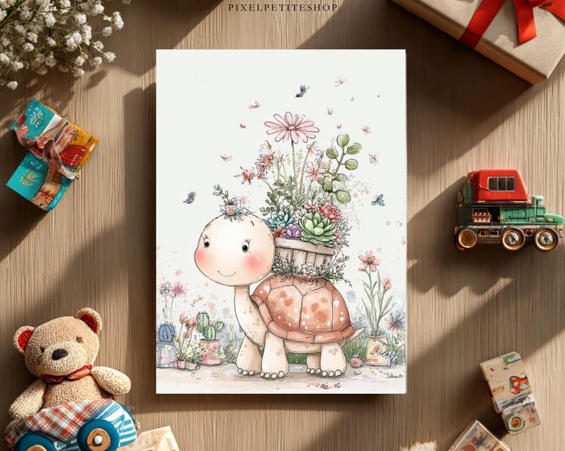 Peut inclure: Illustration &agrave; l'aquarelle d'une tortue souriante portant une jardini&egrave;re en bois remplie de fleurs et de succulentes. La tortue a une carapace brun clair et est entour&eacute;e de fleurs et de papillons. L'&oelig;uvre a une palette de couleurs pastel.