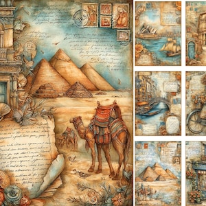 May include: A collage of vintage-style travel-themed art prints. The central image features pyramids, a camel, and script. Other prints depict sailboats, buildings, a canal, a woman on a bicycle, and a shop. The color palette is warm with sepia tones.