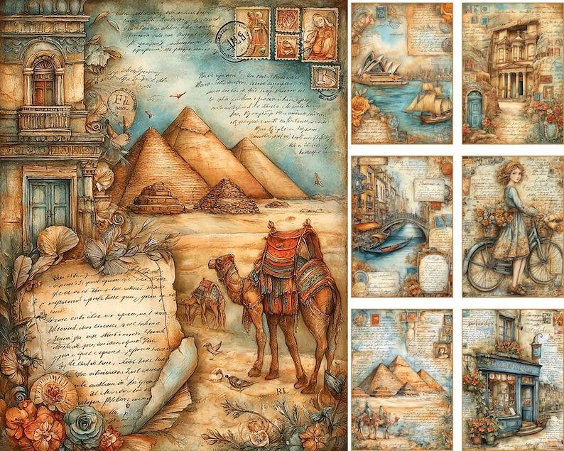 May include: A collage of vintage-style travel-themed art prints. The central image features pyramids, a camel, and script. Other prints depict sailboats, buildings, a canal, a woman on a bicycle, and a shop. The color palette is warm with sepia tones.