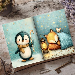 May include: An open book featuring illustrations of a penguin wearing a tan scarf and holding a candy cane on the left page, and a sleeping fox with a small mouse under a blue blanket next to a lit lantern on the right page, against a starry sky.
