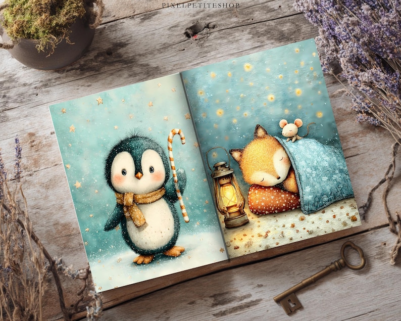 May include: An open book featuring illustrations of a penguin wearing a tan scarf and holding a candy cane on the left page, and a sleeping fox with a small mouse under a blue blanket next to a lit lantern on the right page, against a starry sky.