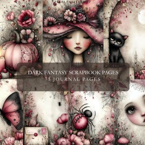 Pu&ograve; includere: Pagine di scrapbook fantasy oscuro con 75 pagine di diario. L'immagine presenta una strega con un cappello rosa, un gatto nero, una zucca, una farfalla e un ragno. La tavolozza dei colori include rosa, bianco e nero.