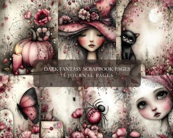 May include: Dark fantasy scrapbook pages with 75 journal pages. The image features a witch with a pink hat, a black cat, a pumpkin, a butterfly, and a spider. The color palette includes pink, white, and black.