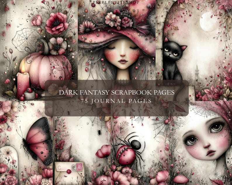 Pu&ograve; includere: Pagine di scrapbook fantasy oscuro con 75 pagine di diario. L'immagine presenta una strega con un cappello rosa, un gatto nero, una zucca, una farfalla e un ragno. La tavolozza dei colori include rosa, bianco e nero.