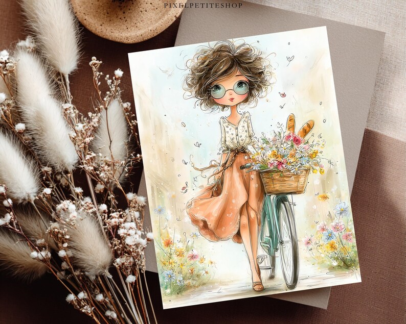 Puede incluir: Ilustraci&oacute;n en acuarela de una chica con cabello casta&ntilde;o rizado y gafas, junto a una bicicleta turquesa con una cesta de flores y baguettes. La chica lleva una falda color melocot&oacute;n y una blusa blanca. Tema floral.